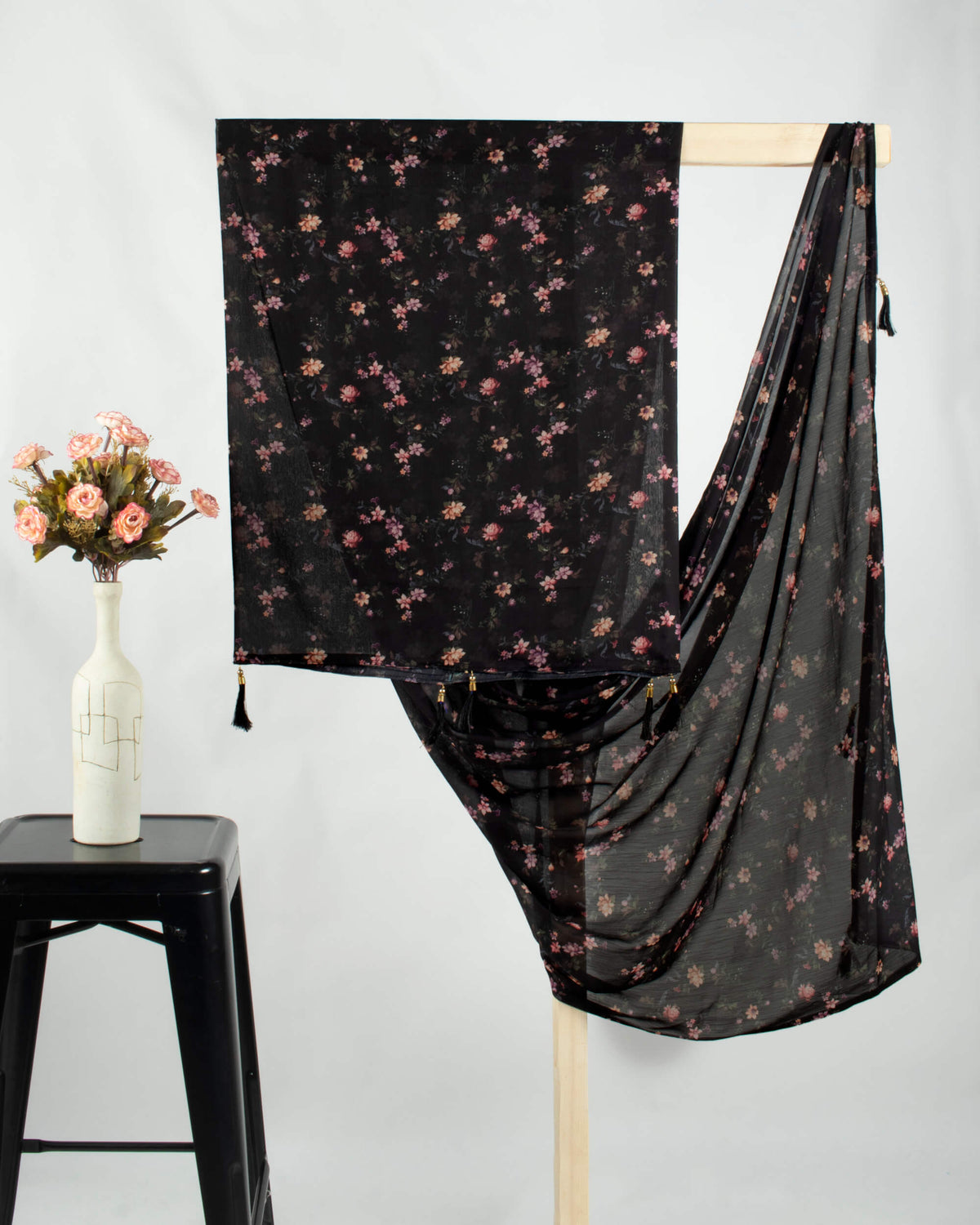 Black And Purple Floral Pattern Digital Print Chiffon Dupatta With Tassels