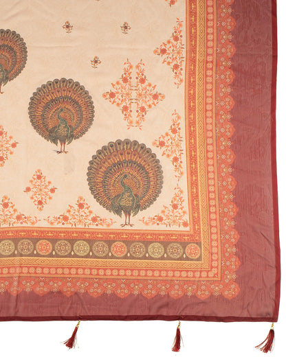 Red And Off White Digital Print Traditional Chiffon Dupatta With Tassles