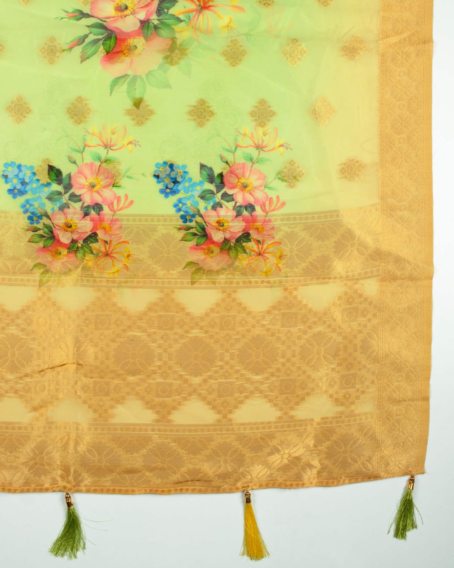 Beige And Mint Green Floral Pattern Digital Print Zari Jacquard Chanderi Dupatta With Tassles