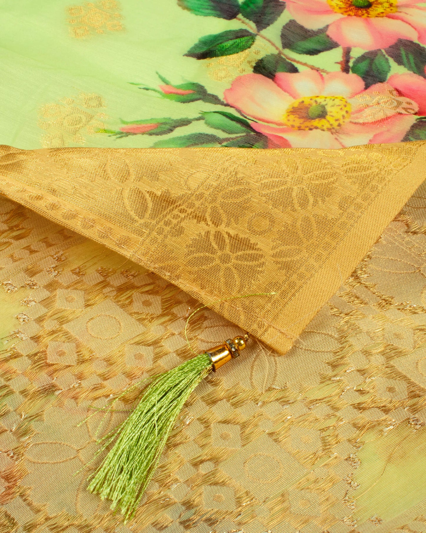 Beige And Mint Green Floral Pattern Digital Print Zari Jacquard Chanderi Dupatta With Tassles