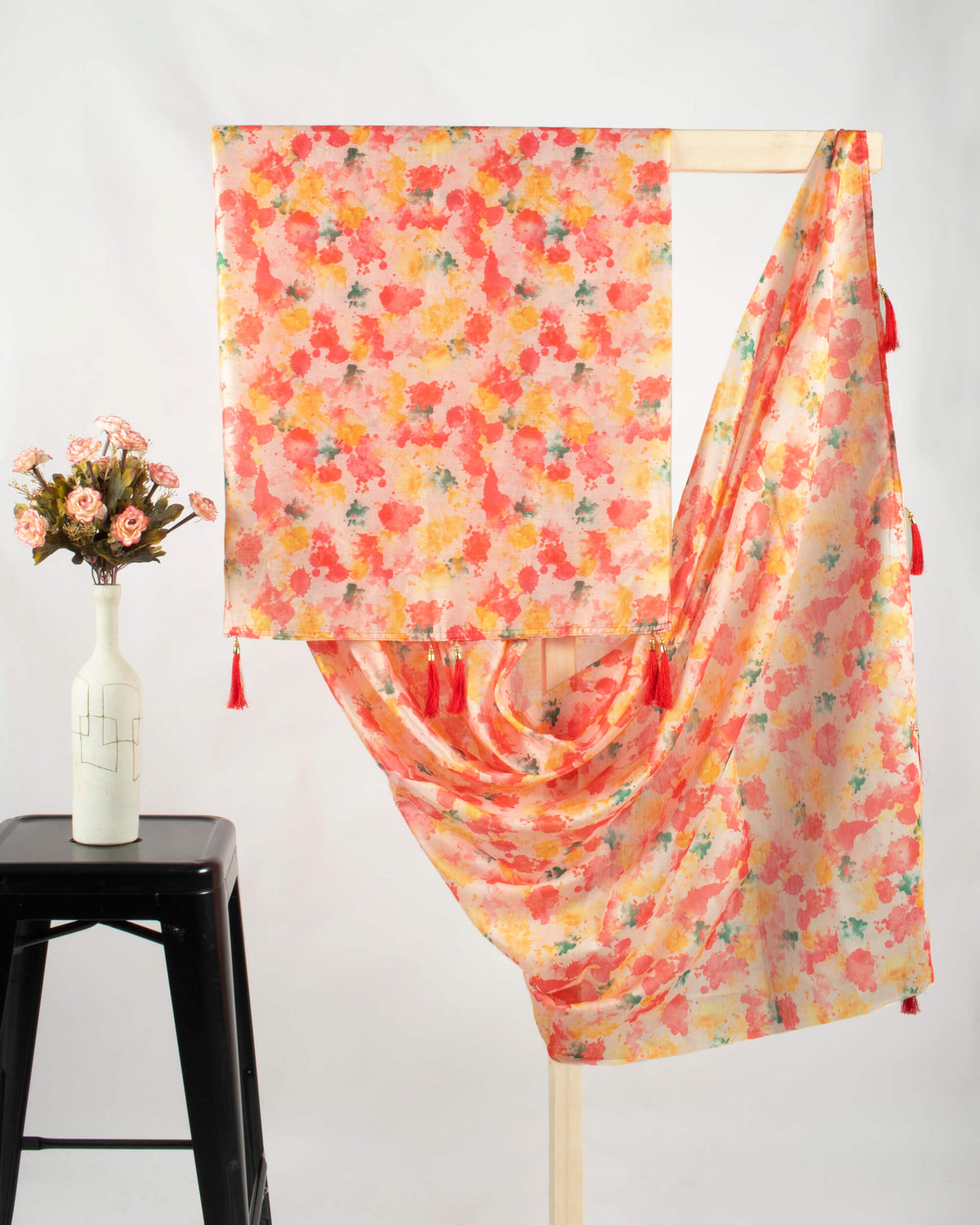 Baby Pink And Red Tie & Dye Pattern Digital Print Chanderi Dupatta With Tassels