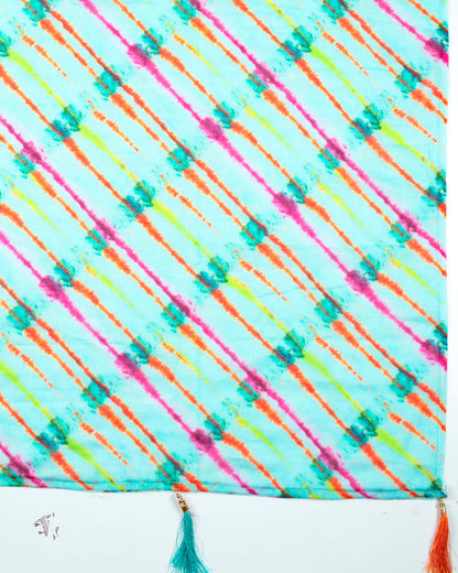 Electric Blue And Orange Shibori Pattern Digital Print Pure Cotton Mulmul Dupatta With Tassels - Fabcurate