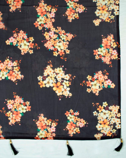 Black And Red Floral Pattern Digital Print Georgette Dupatta With Tassels