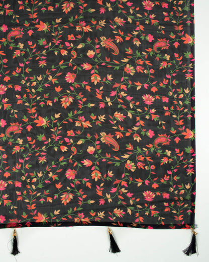 Black And Red Paisely Pattern Digital Print Georgette Dupatta With Tassels