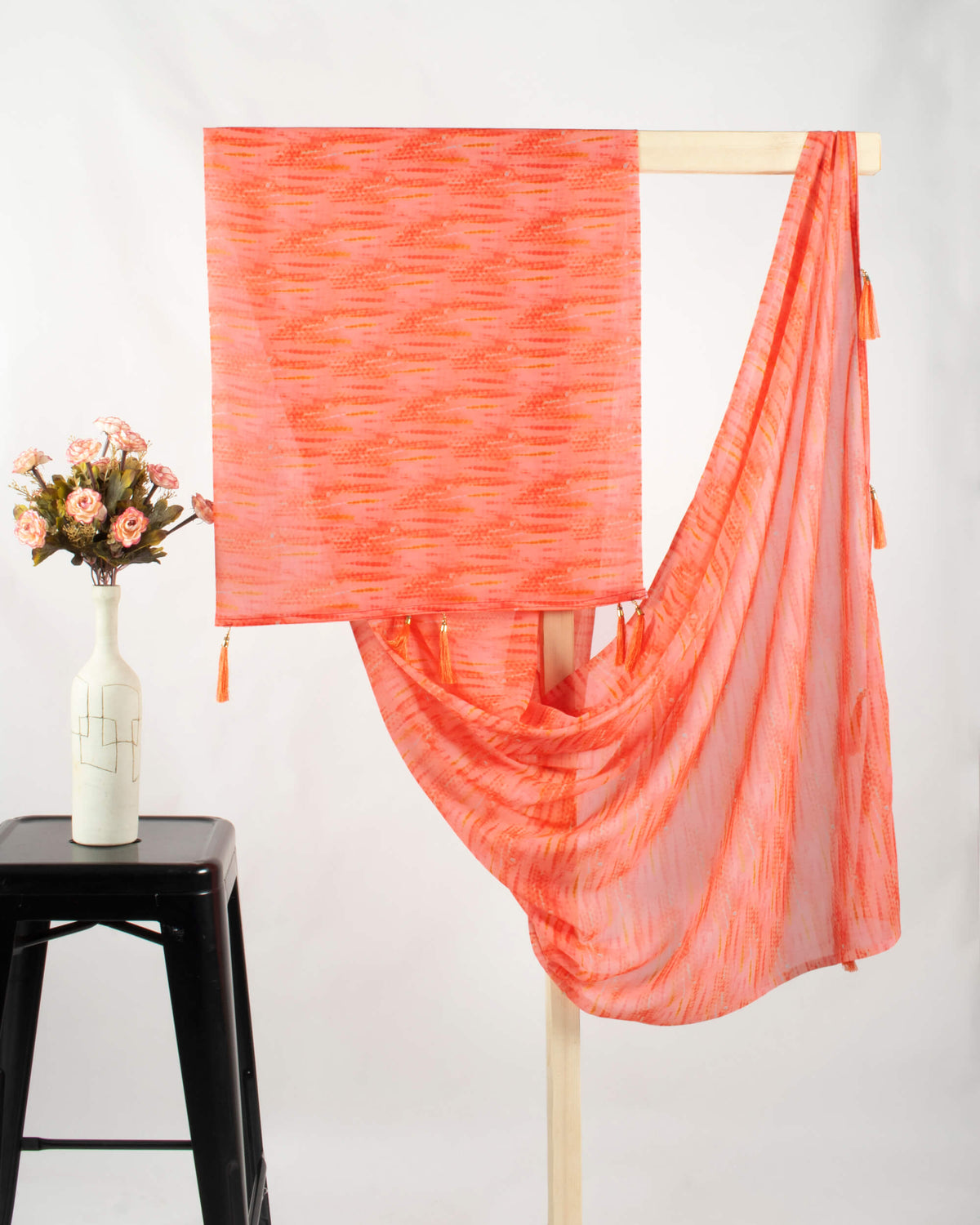 Salmon Orange Shiiborii Pattern Digital Print Georgette Dupatta With Tassels