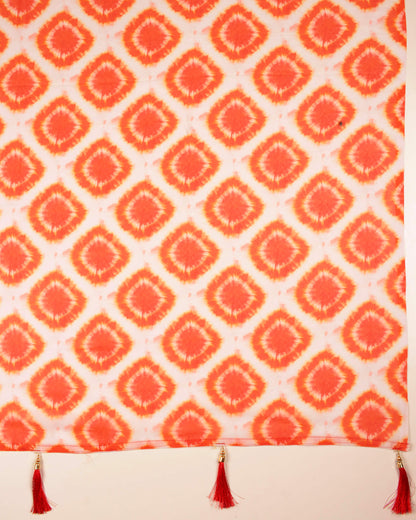White And Orange Shiiborii Pattern Digital Print Georgette Dupatta With Tassels
