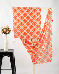 White And Orange Shiiborii Pattern Digital Print Georgette Dupatta With Tassels