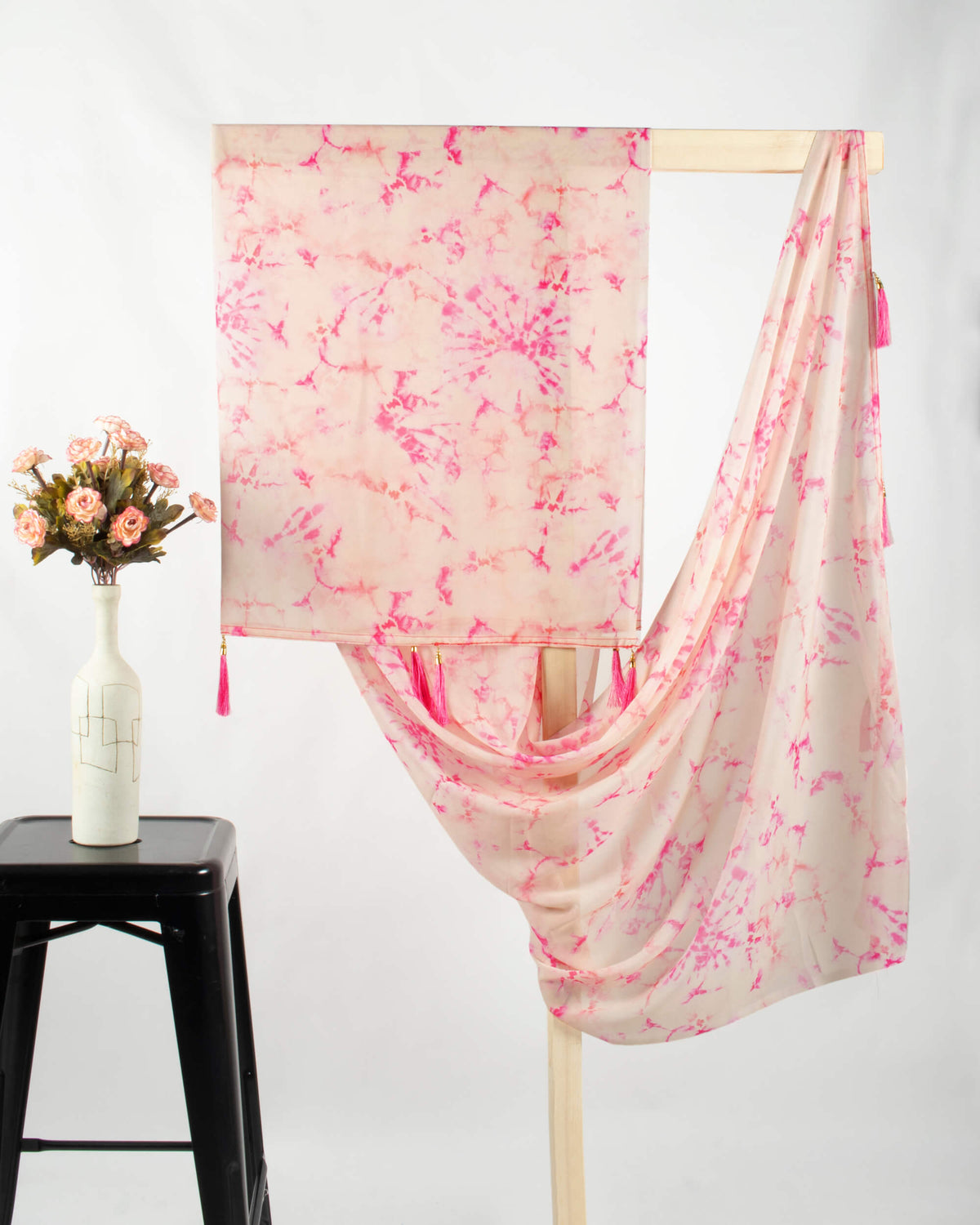 Hot Pink And Cream Tye And Dye Pattern Digital Print Georgette Dupatta With Tassels