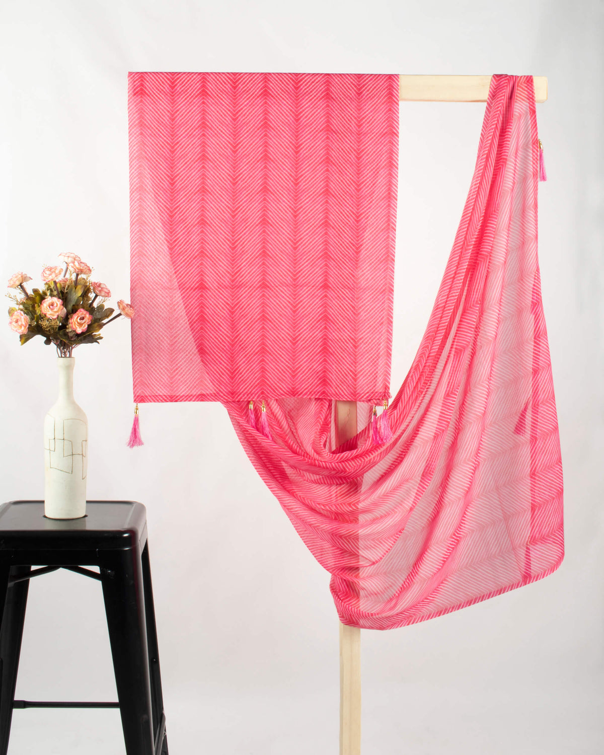 Hot Pink And White Chevron Pattern Digital Print Georgette Dupatta With Tassels