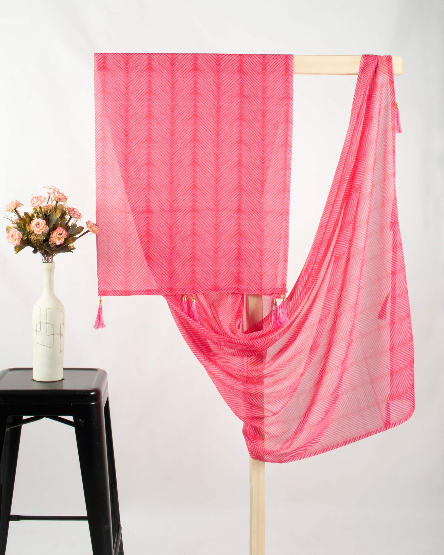 Hot Pink And White Chevron Pattern Digital Print Georgette Dupatta With Tassels