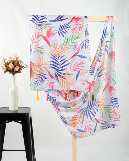 Premium White And Egyptian Blue Leaf Pattern Digital Print Georgette Dupatta With Tassels