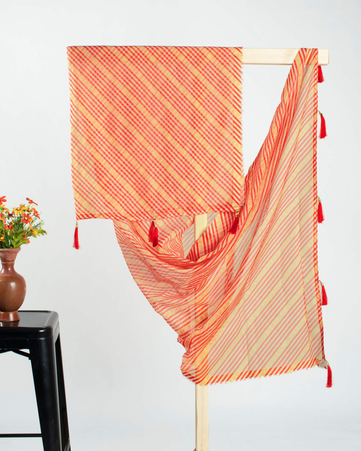 Red And Yellow Stripes Pattern Digital Print Kota Doria Dupatta With Tassles