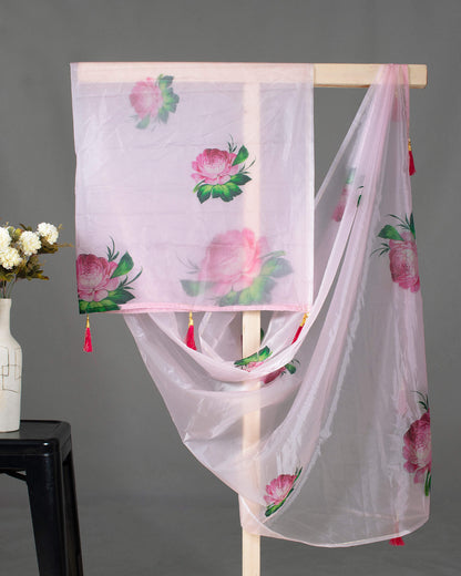 Baby Pink And Green Floral Pattern Digital Print Premium Organza Dupatta With Tassels - Fabcurate