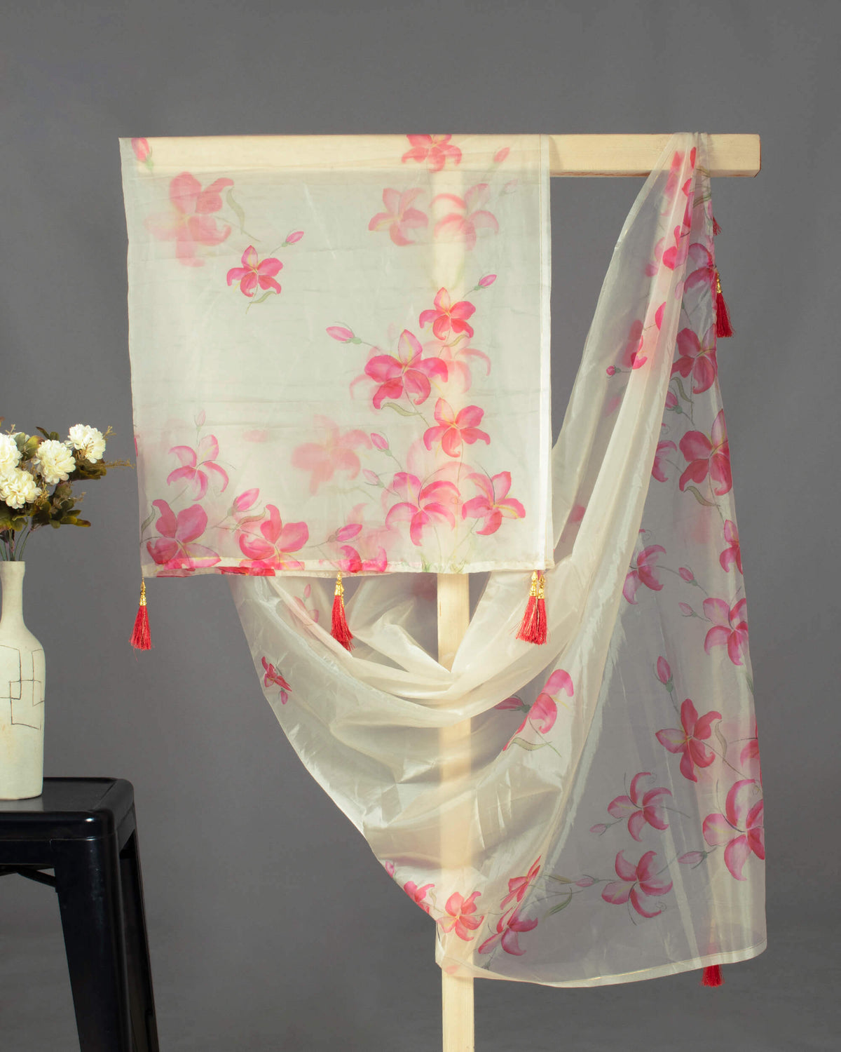 Off White And Pink Floral Pattern Digital Print Premium Organza Dupatta With Tassels - Fabcurate