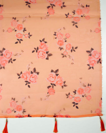 Salmon Orange And Pink Floral Pattern Digital Print Organza Dupatta With Tassels