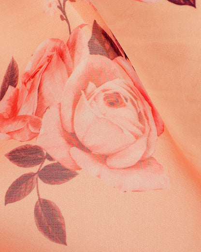 Salmon Orange And Pink Floral Pattern Digital Print Organza Dupatta With Tassels