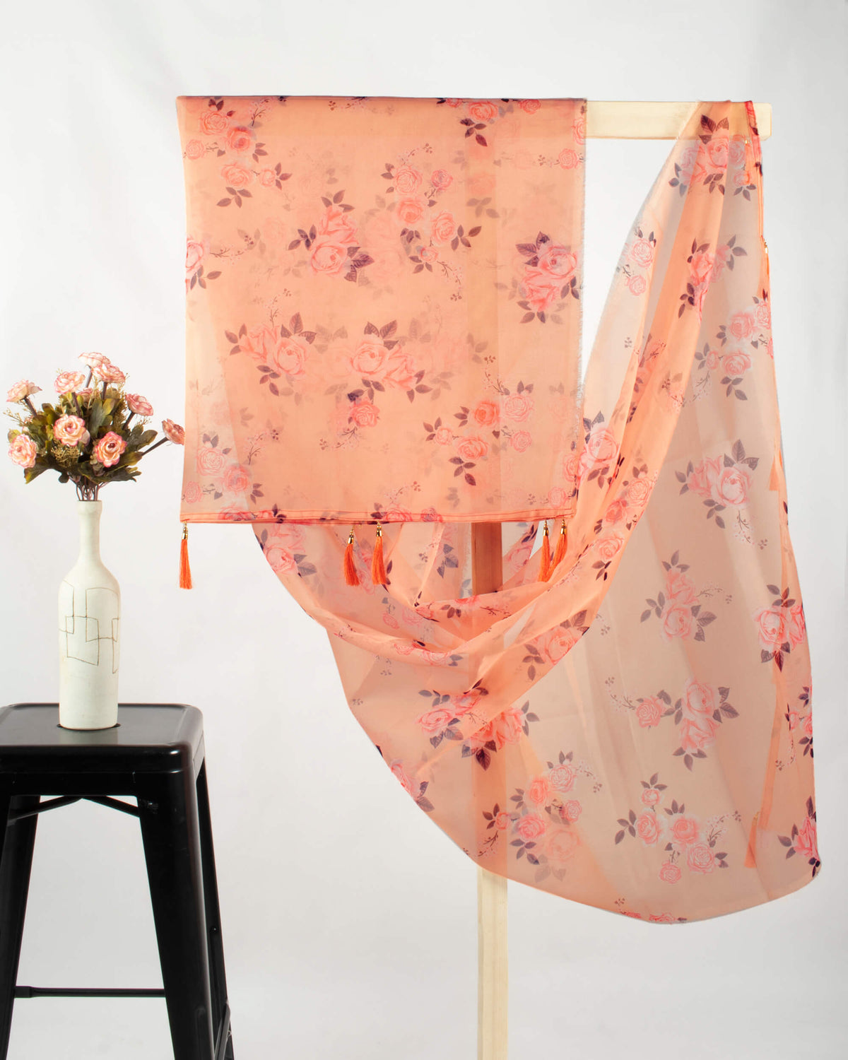 Salmon Orange And Pink Floral Pattern Digital Print Organza Dupatta With Tassels