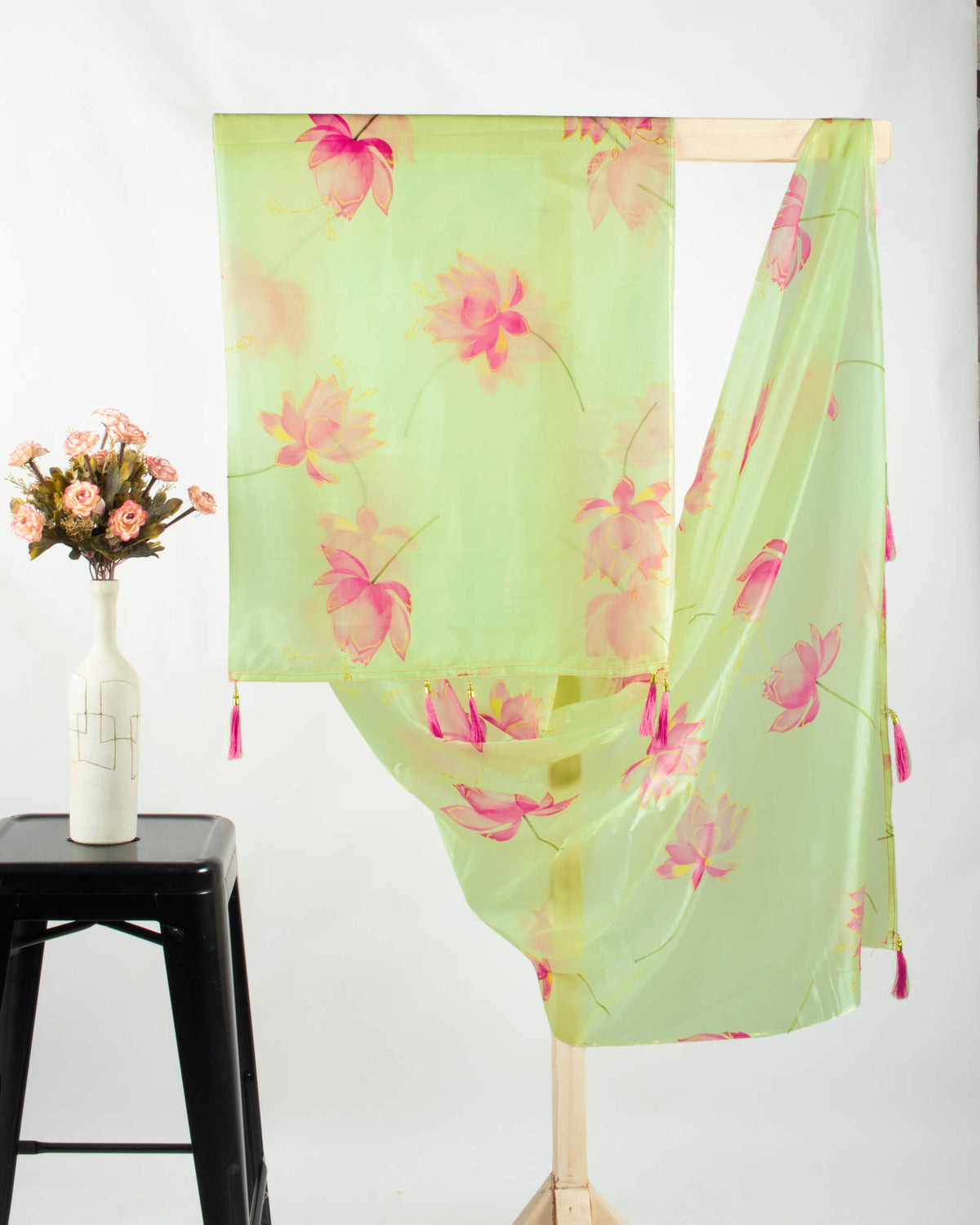 Paris Green And Pink Floral Pattern Digital Print Organza Satin Dupatta With Tassels