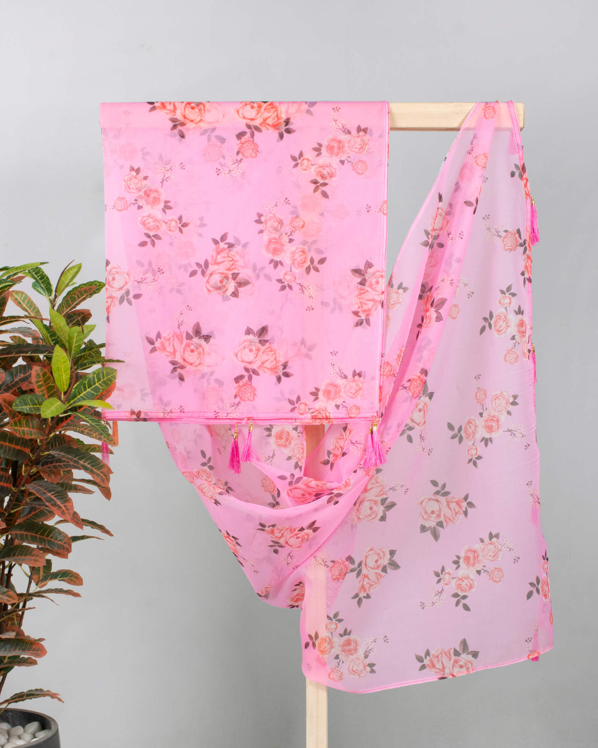 Taffy Pink And Brown Floral Pattern Digital Print Organza Dupatta With Tassels