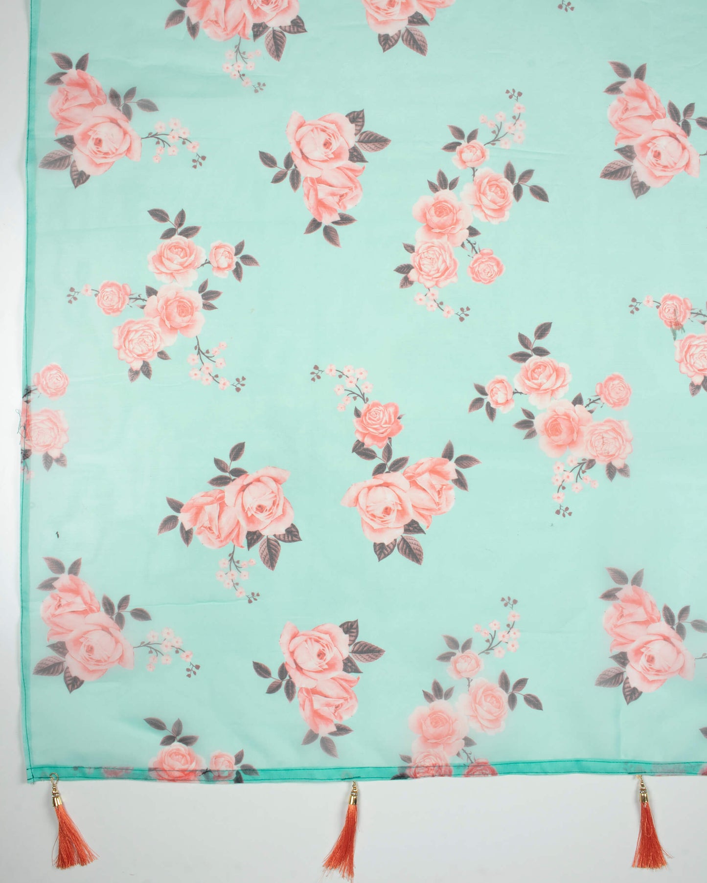 Celeste Blue And Pink Floral Pattern Digital Print Organza Dupatta With Tassels