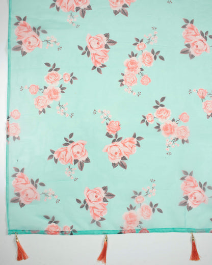 Celeste Blue And Pink Floral Pattern Digital Print Organza Dupatta With Tassels