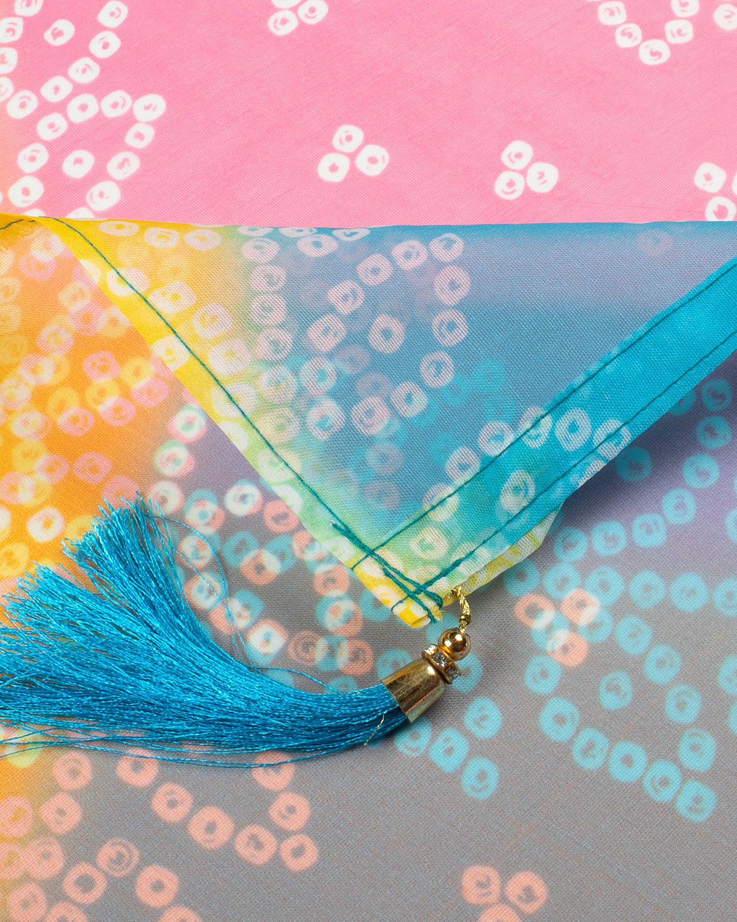 Pink And Blue Bandhanii Pattern Digital Print Organza Dupatta With Tassels