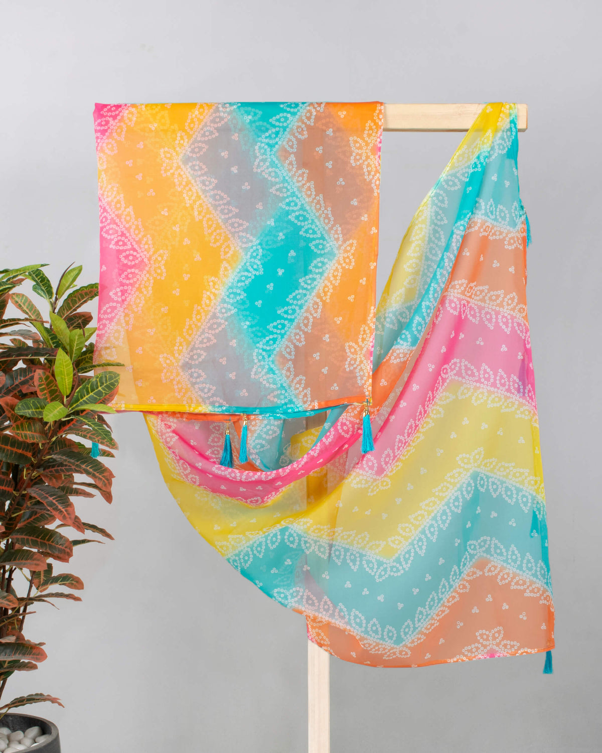 Pink And Blue Bandhanii Pattern Digital Print Organza Dupatta With Tassels