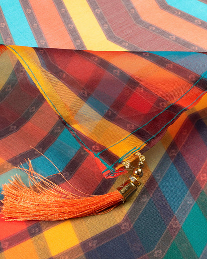 Multi- Color Chevron Pattern Digital Print Organza Dupatta With Tassels