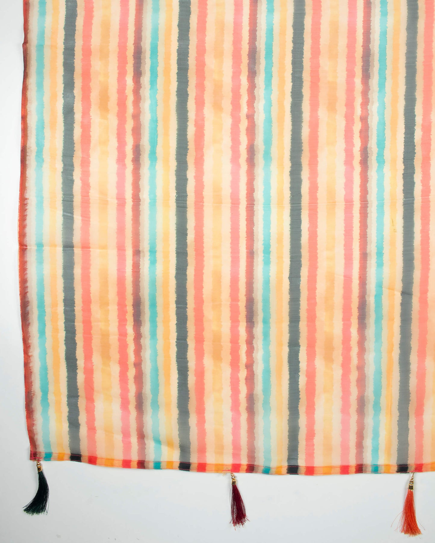 Yellow And Red Stripes Pattern Digital Print Organza Dupatta With Tassels