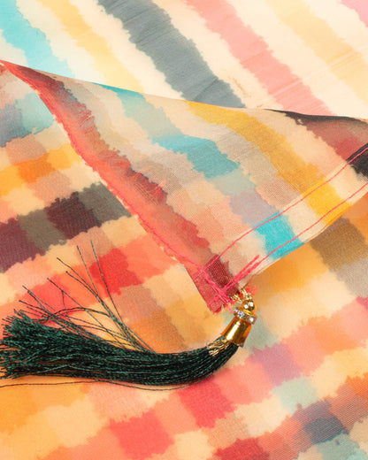 Yellow And Red Stripes Pattern Digital Print Organza Dupatta With Tassels