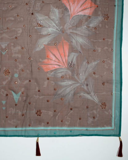 Hickory Brown And Red Floral Pattern Sequins Embroidery Digital Print Organza Dupatta With Tassles