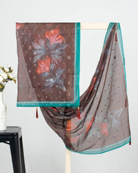 Hickory Brown And Red Floral Pattern Sequins Embroidery Digital Print Organza Dupatta With Tassles