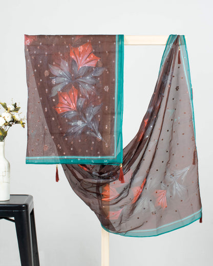 Hickory Brown And Red Floral Pattern Sequins Embroidery Digital Print Organza Dupatta With Tassles