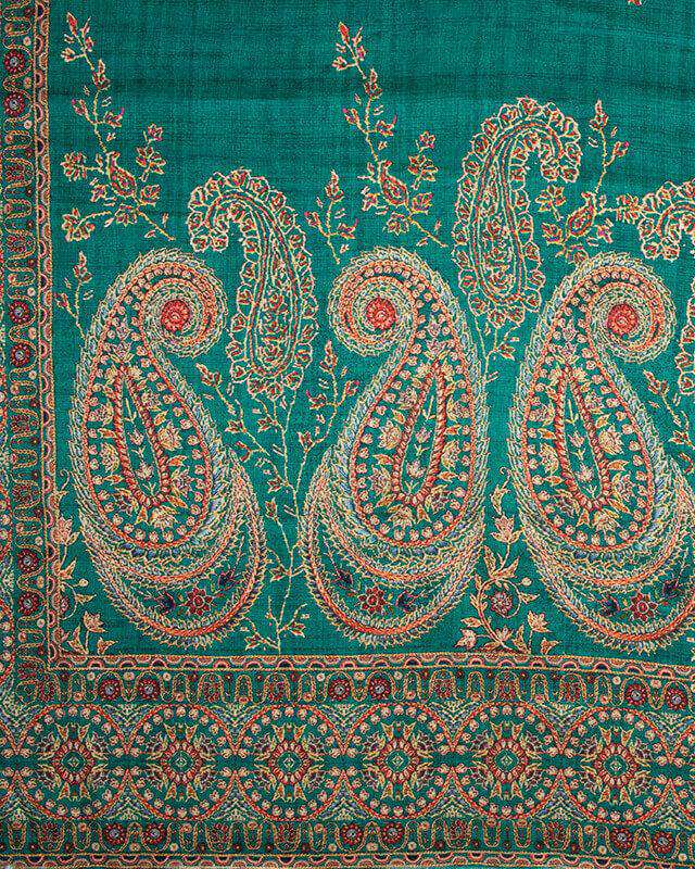 Peacock Green And Orange Paisley Pattern Digital Print Gadwal Silk Dupatta With Tassels - Fabcurate