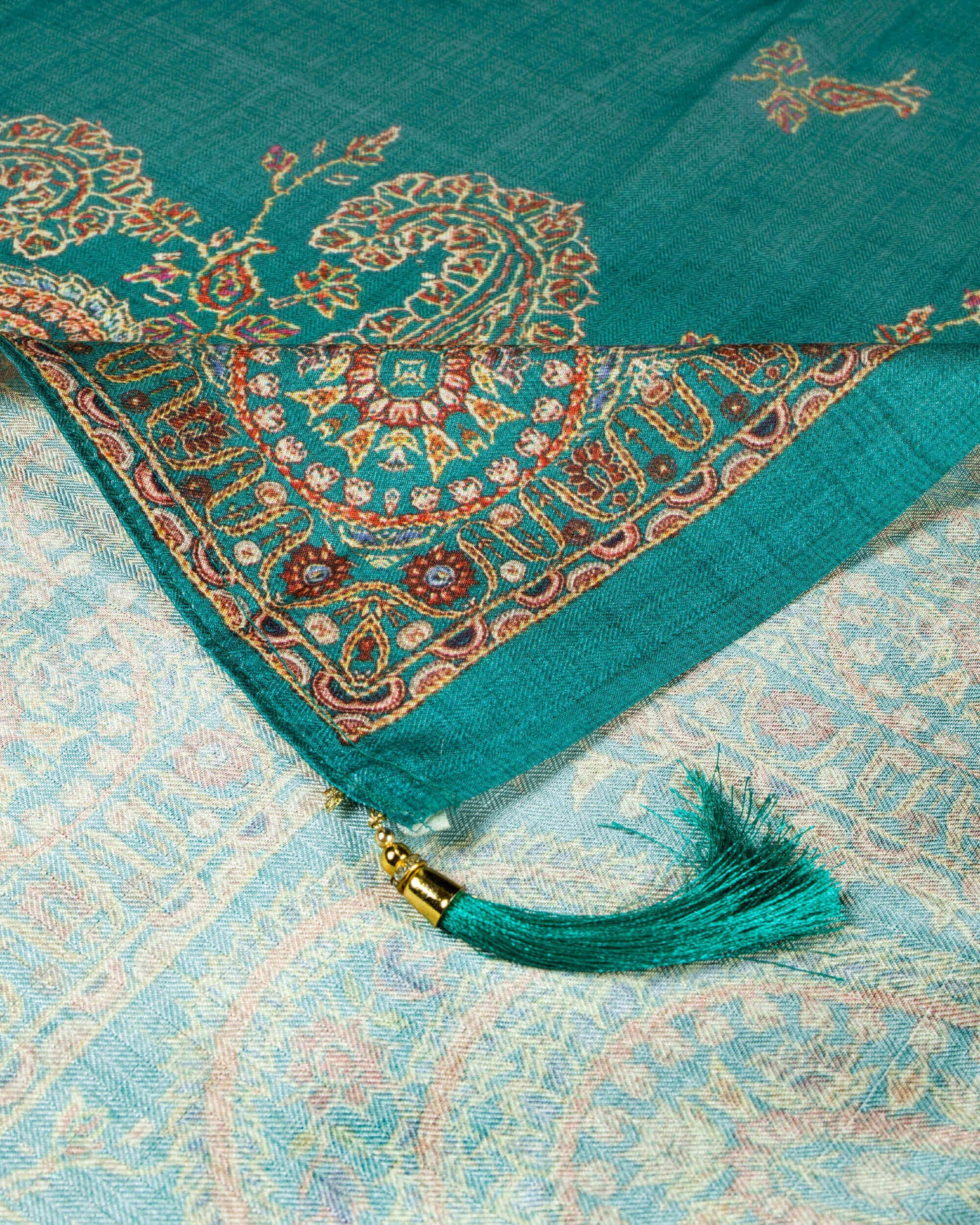 Peacock Green And Orange Paisley Pattern Digital Print Gadwal Silk Dupatta With Tassels