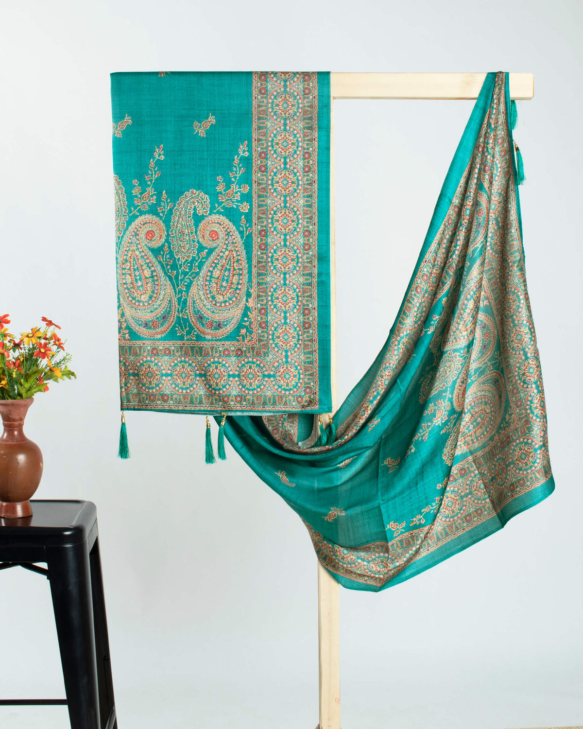 Peacock Green And Orange Paisley Pattern Digital Print Gadwal Silk Dupatta With Tassels