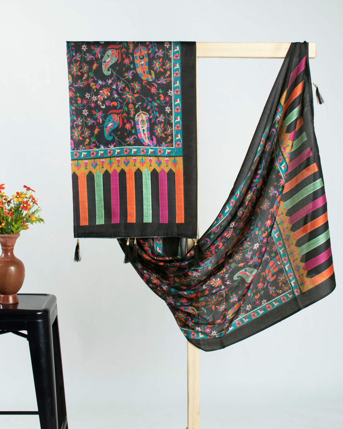 Black And Red Paisley Pattern Digital Print Gadwal Silk Dupatta With Tassels