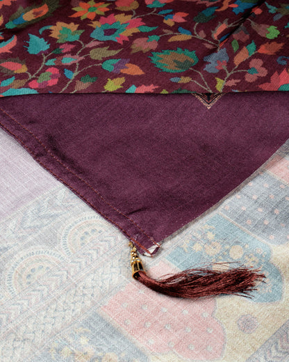 Dark Purple And Orange Paisley Pattern Digital Print Gadwal Silk Dupatta With Tassels