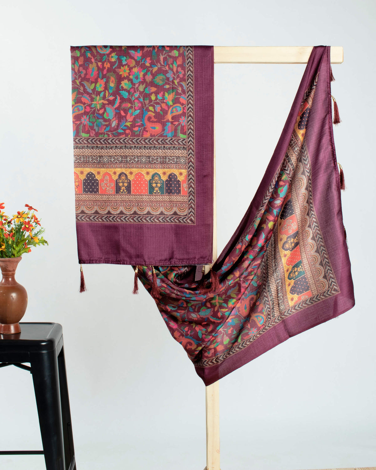 Dark Purple And Orange Paisley Pattern Digital Print Gadwal Silk Dupatta With Tassels