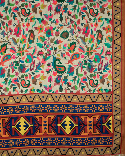 Cream And Orange Paisley Pattern Digital Print Gadwal Silk Dupatta With Tassels - Fabcurate