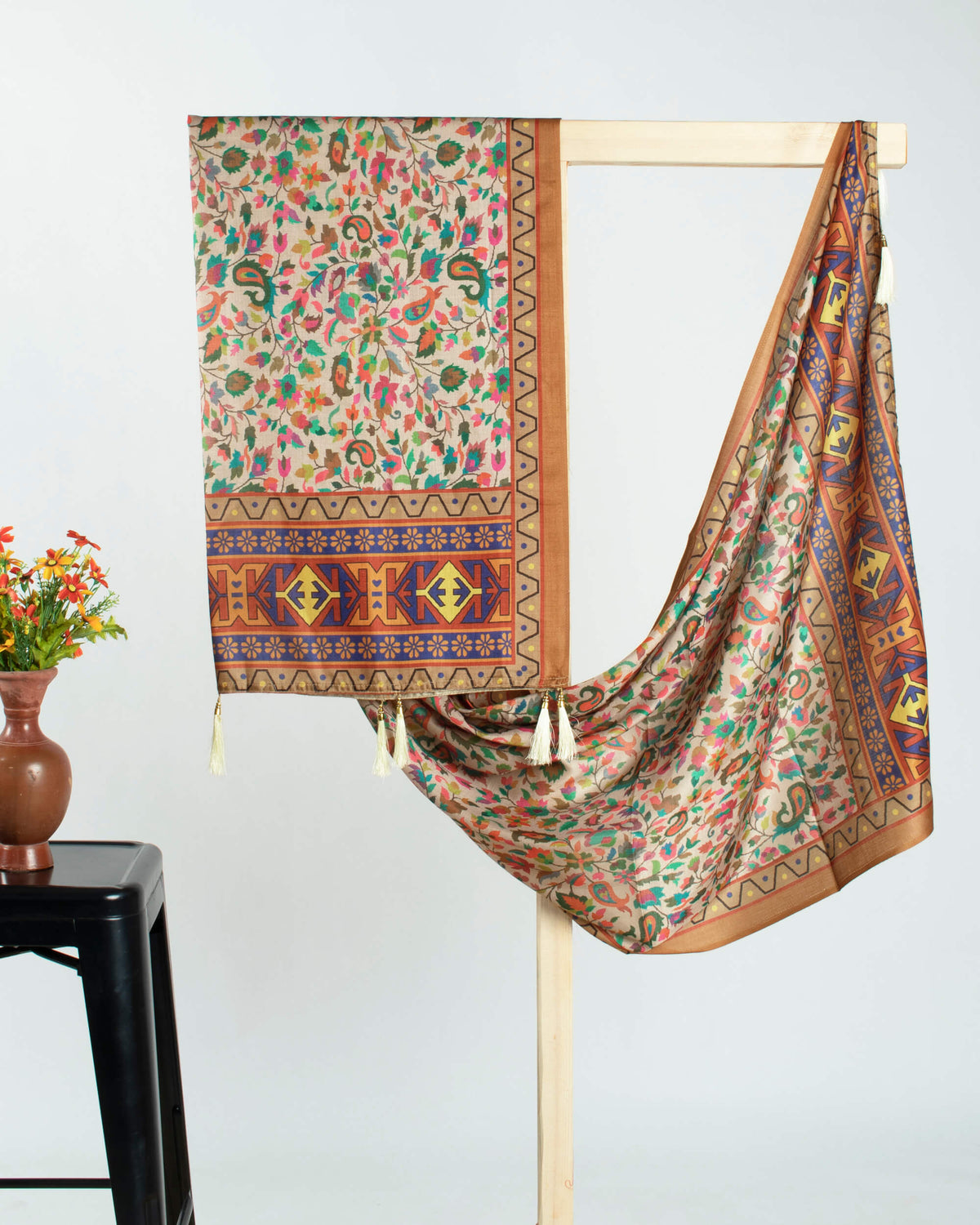 Cream And Orange Paisley Pattern Digital Print Gadwal Silk Dupatta With Tassels