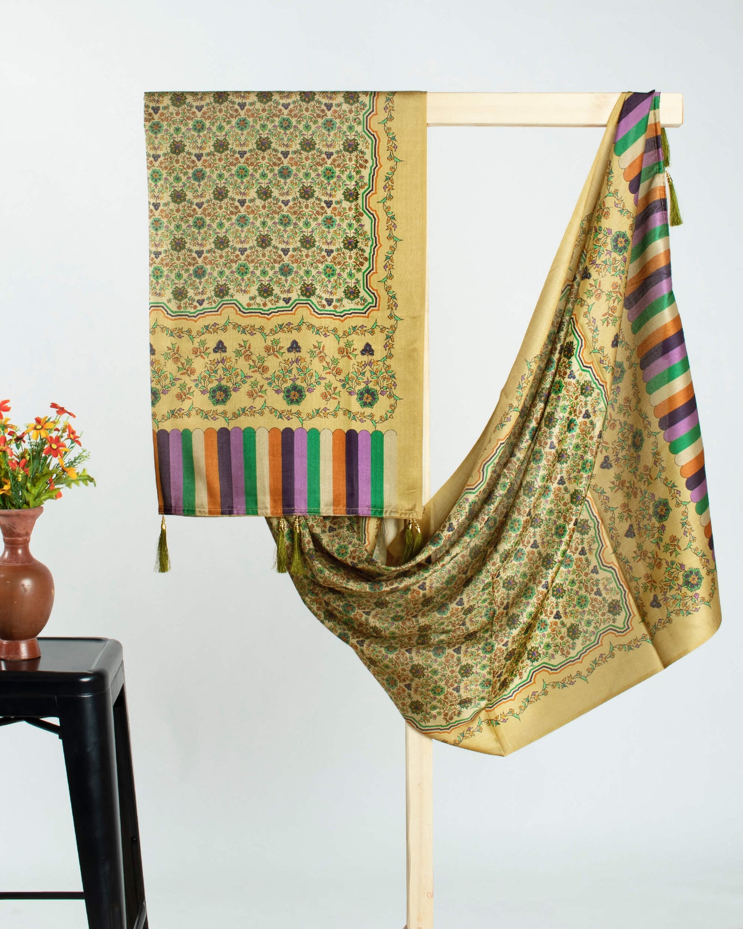 Flaxen Yellow And Green Floral Pattern Digital Print Gadwal Silk Dupatta With Tassels