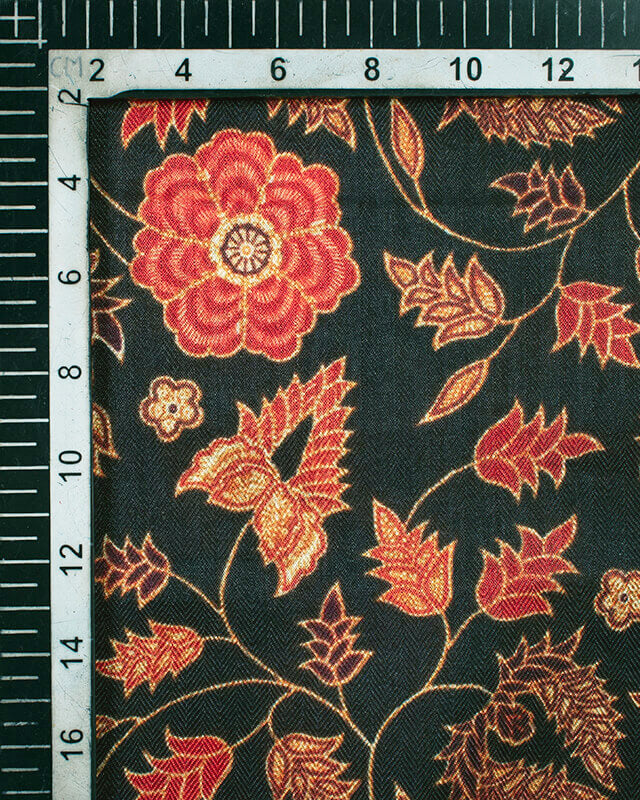 Black And Orange Floral Pattern Digital Print Gadwal Silk Dupatta With Tassels - Fabcurate