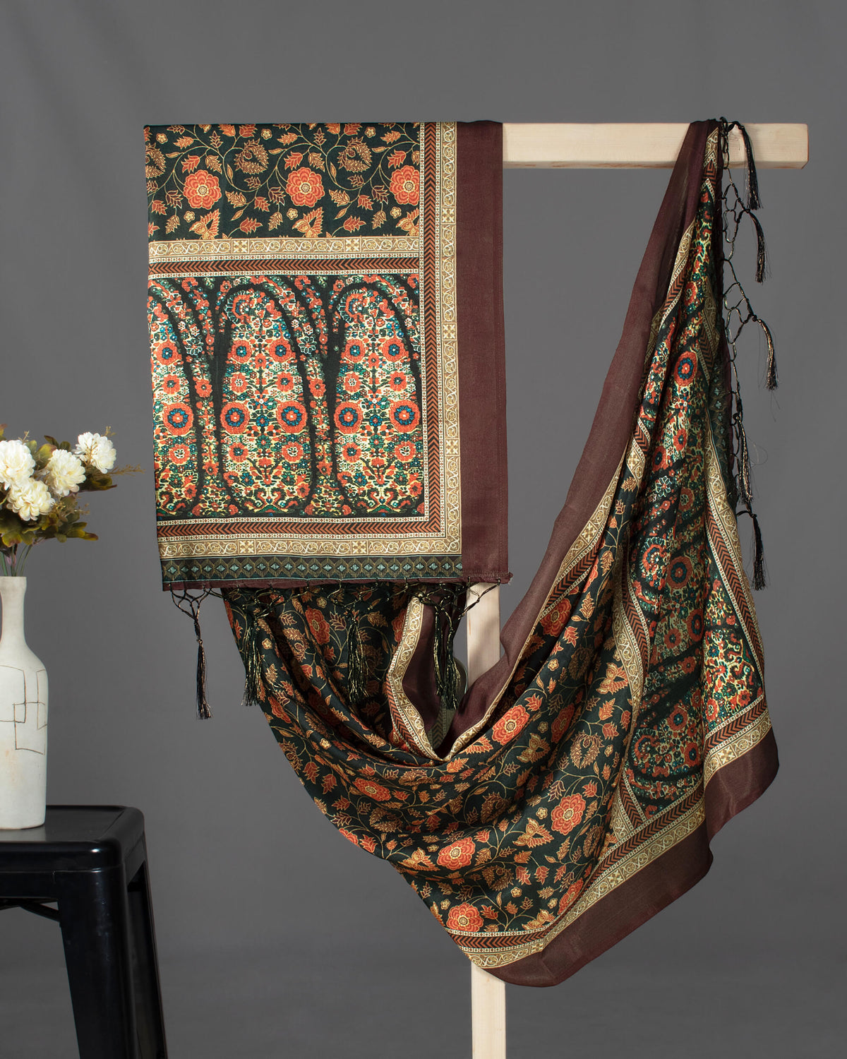 Black And Orange Floral Pattern Digital Print Gadwal Silk Dupatta With Tassels - Fabcurate