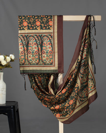 Black And Orange Floral Pattern Digital Print Gadwal Silk Dupatta With Tassels - Fabcurate