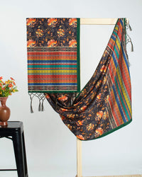 Navy Blue And Orange Floral Pattern Digital Print Gadwal Silk Dupatta With Tassles