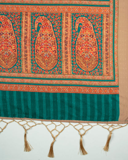 Brick Pink And Beige Paisley Pattern Digital Print Gadwal Silk Dupatta With Tassles