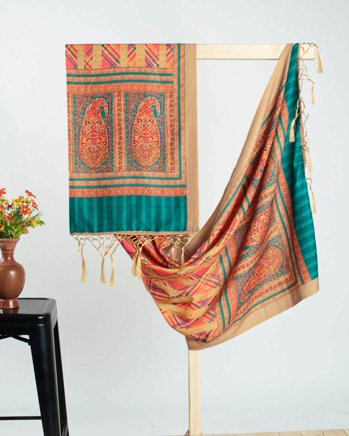 Brick Pink And Beige Paisley Pattern Digital Print Gadwal Silk Dupatta With Tassles