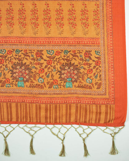 Orange And Brown Floral Pattern Digital Print Gadwal Silk Dupatta With Tassles