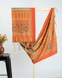 Orange And Brown Floral Pattern Digital Print Gadwal Silk Dupatta With Tassles